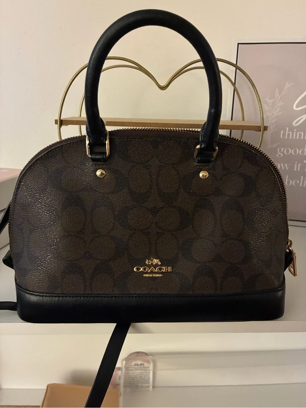 Coach Brown Signature mini Dome Satchel with Black Trim